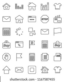 thin line vector icon set - calculator vector, flag, arrow up, dollar, document, equalizer, mail, stop button, browser, home, loading, house, buy, clothes