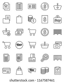 thin line vector icon set - dollar coin vector, cart, credit card, stack, receipt, estate document, search, new, shopping bag, buy, barcode, reader, basket, list