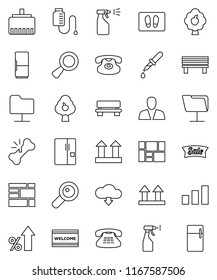 thin line vector icon set - welcome mat vector, sprayer, percent growth, consolidated cargo, top sign, sorting, classic phone, magnifier, dropper, broken bone, drop counter, network folder, bench