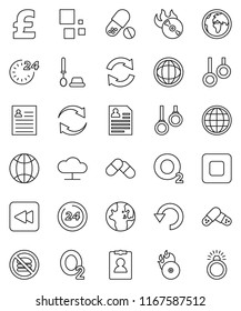 thin line vector icon set - toilet brush vector, world, personal information, pound, pills, no fastfood, gymnast rings, oxygen, earth, music hit, stop button, backward, cloud network, refresh, undo