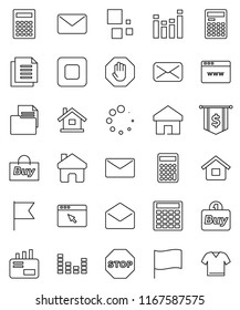 thin line vector icon set - calculator vector, flag, dollar, document, equalizer, mail, stop button, browser, home, loading, house, buy, clothes
