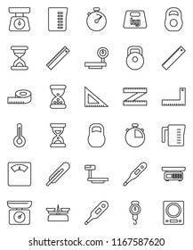 thin line vector icon set - measuring cup vector, scales, corner ruler, sand clock, stopwatch, weight, big, thermometer, store, kitchen