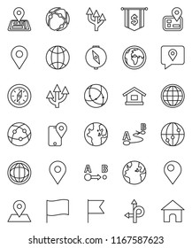 thin line vector icon set - compass vector, world, flag, dollar, route, navigator, earth, map pin, traking, internet, connection, globe, arrow, home