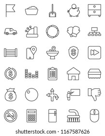 thin line vector icon set - fetlock vector, scoop, sponge, foam basin, sink, blackboard, calculator, archive, flag, exchange, money bag, piggy bank, hierarchy, clipboard, fitball, boxing glove, hoop