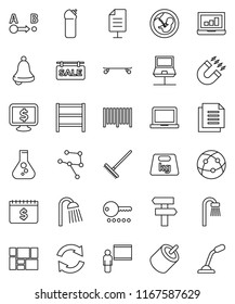 thin line vector icon set - rake vector, cleaning agent, shower, blackboard, bell, notebook pc, magnet, flask, laptop graph, dollar calendar, monitor, skateboard, consolidated cargo, document, route
