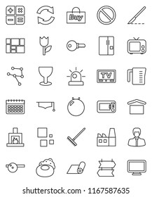 thin line vector icon set - soap vector, rake, measuring cup, graduate hat, manager, fitball, calendar, fitness mat, prohibition sign, consolidated cargo, glass, dry, tulip, tv, scalpel, eye doctor