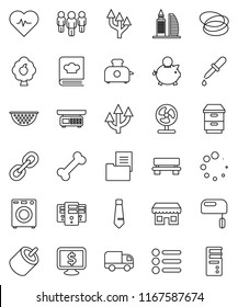 thin line vector icon set - colander vector, cookbook, piggy bank, man, tie, monitor dollar, heart pulse, bone, hoop, link, rca, dropper, server, bench, loading, route arrow, fruit tree, washer, fan