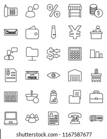 thin line vector icon set - hand mill vector, student, case, schedule, exchange, coin stack, annual report, bank building, calculator, personal information, tie, yen sign, phone, 24, sorting, group