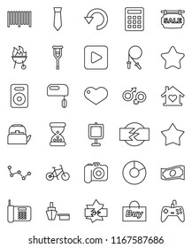 thin line vector icon set - kettle vector, bbq, presentation, constellation, pie graph, cash, tie, bike, jump rope, port, camera, speaker, heart, play button, gender sign, crutches, sand clock, undo