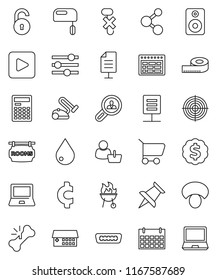 thin line vector icon set - water drop vector, bbq, mushroom, calculator, notebook pc, schedule, dollar medal, cent sign, measuring, target, molecule, calendar, no hook, speaker, thumbtack, hdmi