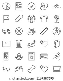thin line vector icon set - house hold vector, garbage pile, ruler, flag, constellation, dollar coin, pie graph, annual report, target, binder, gold ingot, t shirt, stairways run, heart cross, bone