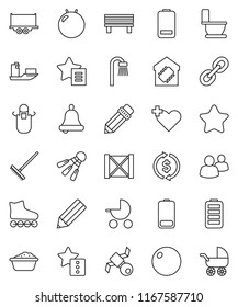 thin line vector icon set - rake vector, toilet, foam basin, apron, pencil, bell, exchange, fitball, roller Skates, shuttlecock, satellite, ship, truck trailer, wood box, link, group, battery, bench