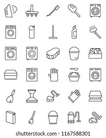thin line vector icon set - broom vector, vacuum cleaner, mop, bucket, sponge, car fetlock, steaming, washer, washing powder, cleaning agent, rubber glove