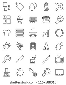 thin line vector icon set - cleaner trolley vector, shining window, towel, skimmer, knife, cutting board, hand mill, bbq, school bus, magnifier, any currency, t shirt, hoop, truck trailer, battery