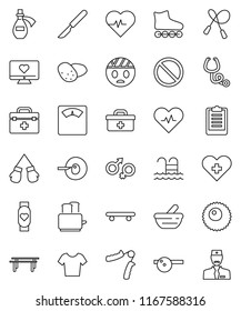 thin line vector icon set - toaster vector, potato, scales, heart pulse, clipboard, jump rope, hand trainer, horizontal bar, boxing glove, t shirt, roller Skates, skateboard, monitor, pool, cross