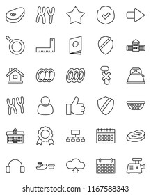 thin line vector icon set - plates vector, pan, kettle, colander, steak, university, school building, corner ruler, medal, hierarchy, calendar, port, no hook, protected, headphones, finger up, arrow