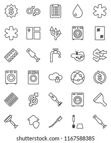 thin line vector icon set - scraper vector, water drop, car fetlock, window cleaning, toilet brush, washer, blender, exchange, dollar medal, internet, ambulance star, gender sign, pills blister