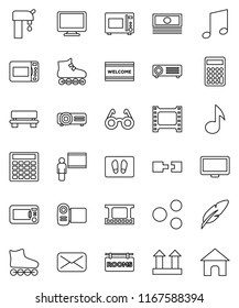 thin line vector icon set - welcome mat vector, microwave oven, pen, blackboard, glasses, music, cash, calculator, roller Skates, top sign, film frame, monitor, mail, share, bench, connection, home