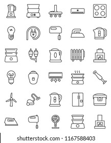 thin line vector icon set - vacuum cleaner vector, iron, kettle, mixer, oven, double boiler, rca, windmill, air conditioner, fridge, power plug, multi cooker, blender, epilator, fan, heater, bulb