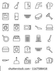 thin line vector icon set - scraper vector, broom, water tap, vacuum cleaner, scoop, sponge, steaming, washer, sink, pan, kettle, colander, grater, microwave oven, fridge