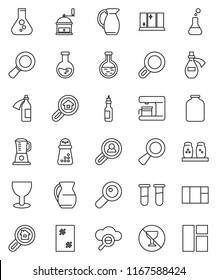 thin line vector icon set - window cleaning vector, shining, hand mill, spices, jug, jar, oil, magnifier, flask, no alcohol sign, glass, vial, potion, cloud, search estate, client, coffee maker