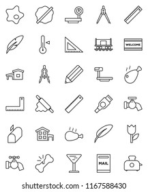 thin line vector icon set - water tap vector, splotch, welcome mat, rolling pin, thermometer, chicken leg, pen, pencil, corner ruler, drawing compass, Railway carriage, glass, tulip, big scales