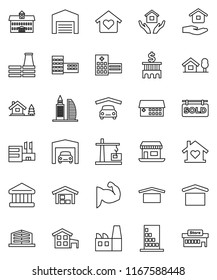 thin line vector icon set - house hold vector, university, school building, bank, muscule hand, office, dry cargo, hospital, cottage, chalet, garage, barn, sold signboard, love home, factory, mall