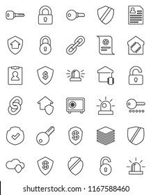 thin line vector icon set - certificate vector, personal information, dollar shield, safe, protected, cloud, big data, chain, lock, unlock, key, siren, smart home, protect, password