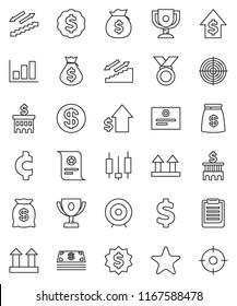 thin line vector icon set - clipboard vector, award cup, certificate, graph, japanese candle, money bag, dollar growth, bank building, target, medal, cent sign, stairways run, top, favorites, coin