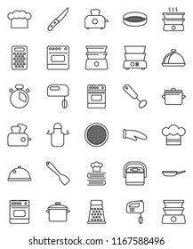 thin line vector icon set - pan vector, cook hat, apron, glove, timer, whisk, spatula, knife, grater, oven, double boiler, cookbook, sieve, dish, mixer, multi cooker, toaster
