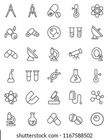 thin line vector icon set - thermometer vector, drawing compass, atom, telescope, microscope, magnet, flask, pills, molecule, oxygen, satellite, antenna, vial, dna, drop counter, ovule