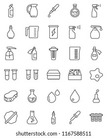 thin line vector icon set - sponge vector, water drop, splotch, liquid soap, sprayer, cleaning agent, oil, measuring cup, jug, flask, enegry drink, vial, dropper, blood, potion, filter