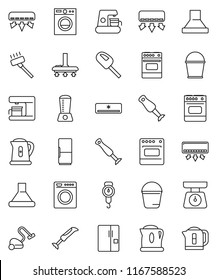 thin line vector icon set - vacuum cleaner vector, bucket, kettle, scales, oven, blender, air conditioner, fridge, washer, coffee maker, hood