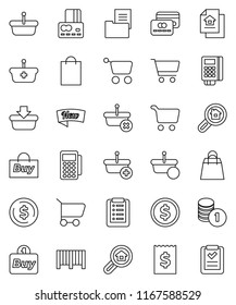 thin line vector icon set - dollar coin vector, cart, credit card, stack, receipt, estate document, search, new, shopping bag, buy, barcode, reader, basket, list
