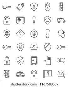 thin line vector icon set - rubber glove vector, dollar shield, safe, attention, traffic light, amkbulance car, lock, key, sign, siren, unlock, home protect, password