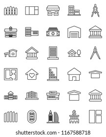 thin line vector icon set - university vector, school building, drawing compass, bank, stadium, dry cargo, home, cottage, chalet, barn, fence, plan, apartments, office, love, store, mall, window