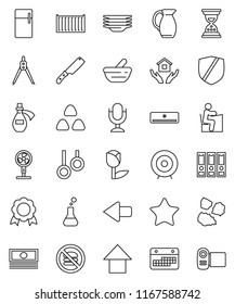 thin line vector icon set - plates vector, house hold, garbage pile, knife, jug, cereal, drawing compass, student, medal, cash, target, binder, sand clock, arrow up, no fastfood, gymnast rings, fan