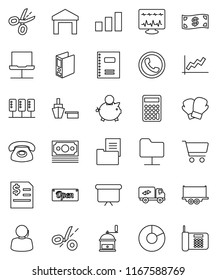 thin line vector icon set - hand mill vector, copybook, graph, pie, cart, piggy bank, annual report, calculator, binder, presentation board, boxing glove, money, support, truck trailer, port, server