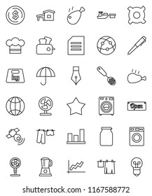 thin line vector icon set - drying clothes vector, washer, cook hat, skimmer, jar, chicken leg, pen, document, dollar coin, graph, any currency, port, umbrella, weight, satellitie, internet, globe