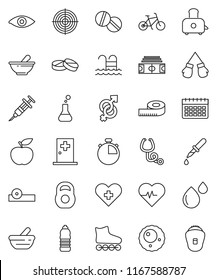 thin line vector icon set - toaster vector, diet, measuring, heart pulse, stadium, stopwatch, bike, weight, boxing glove, roller Skates, target, water bottle, calendar, pool, cross, flask, eye