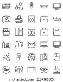 thin line vector icon set - kettle vector, scales, copybook, case, man, skateboard, earth, satellite, calendar, camera, tv, monitor, speaker, cushioned furniture, phone, new, multi cooker, computer
