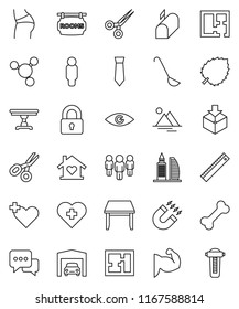thin line vector icon set - ladle vector, ruler, magnet, scissors, molecule, leaf, man, tie, muscule hand, buttocks, heart cross, bone, package, dialog, eye, mountain, garage, plan, rooms signboard