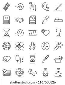 thin line vector icon set - heart monitor vector, cross, oxygen, disabled, pulse, flask, gender sign, magnifier, insemination, dropper, crutches, scalpel, sand clock, patch, pills, bottle, microbs