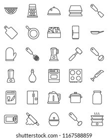 thin line vector icon set - sponge vector, pan, kettle, oil, colander, cook glove, timer, whisk, skimmer, spatula, ladle, rolling pin, meat hammer, cutting board, grater, oven, dish, jar, fridge