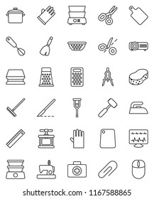 thin line vector icon set - broom vector, rake, sponge, iron, rubber glove, pan, colander, cook press, whisk, meat hammer, cutting board, grater, double boiler, ruler, drawing compass, scissors