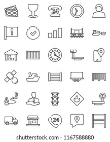 thin line vector icon set - Railway carriage vector, attention, office, satellite, money, traffic light, phone 24, support, client, traking, ship, truck trailer, sea container, delivery, clock, port