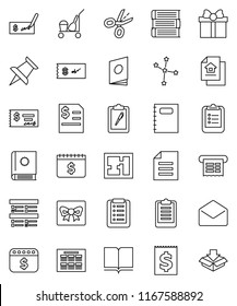 thin line vector icon set - cleaner trolley vector, book, copybook, schedule, clipboard, document, constellation, exam, check, annual report, dollar calendar, receipt, thumbtack, mail, plan, estate