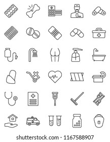 thin line vector icon set - rake vector, liquid soap, house hold, heart pulse, buttocks, no trolley, doctor bag, vial, crutches, broken bone, patch, stethoscope, pills, bottle, blister, anamnesis