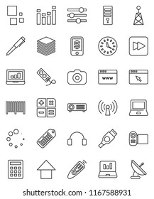 thin line vector icon set - pen vector, notebook pc, laptop graph, arrow up, clock, barcode, camera, antenna, equalizer, remote control, headphones, forward button, hdmi, big data, browser, loading