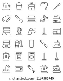 thin line vector icon set - plunger vector, water tap, vacuum cleaner, fetlock, mop, bucket, sponge, car, kettle, spatula, double boiler, blender, fridge, washer, mixer, coffee maker, microwave oven